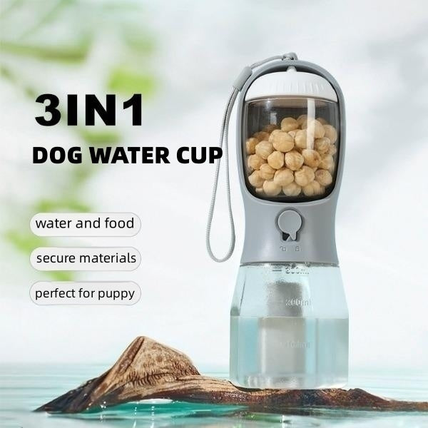 Tragbare Hundeflasche 3-in-1 – Für Wasser, Futter & Hundekotbeutel – Ideal für Reisen & Spaziergänge.