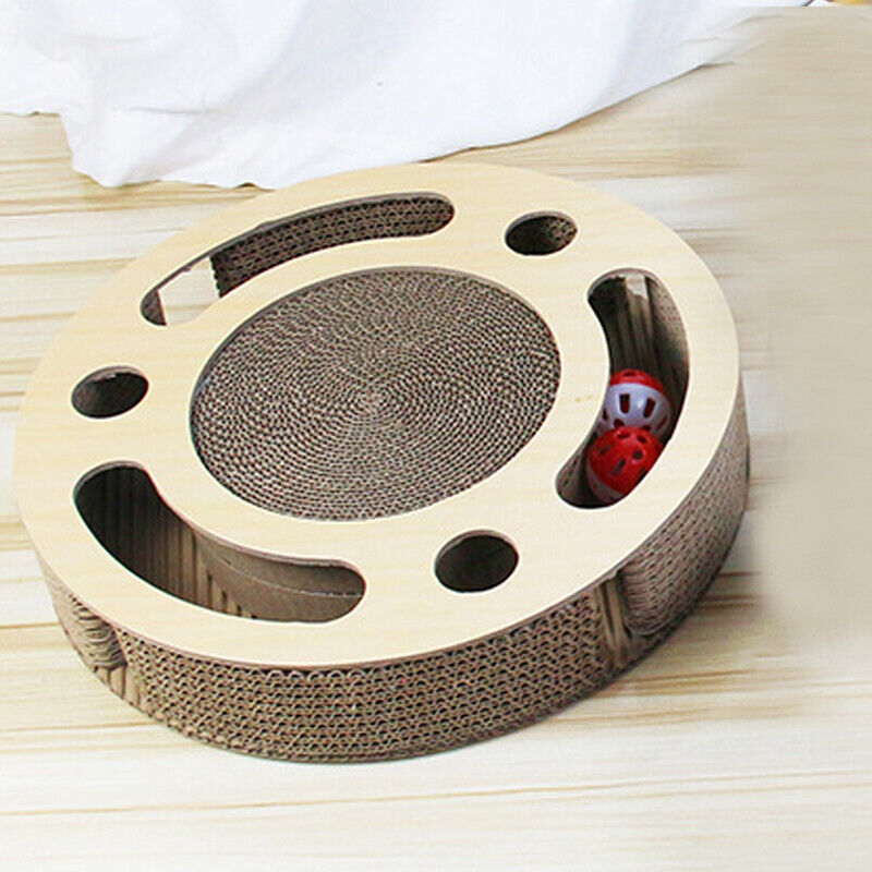 Katze Kratzmatte Spielzeug 3 in 1 Runde Wellpappe Kratzspielzeug mit Bell Ball